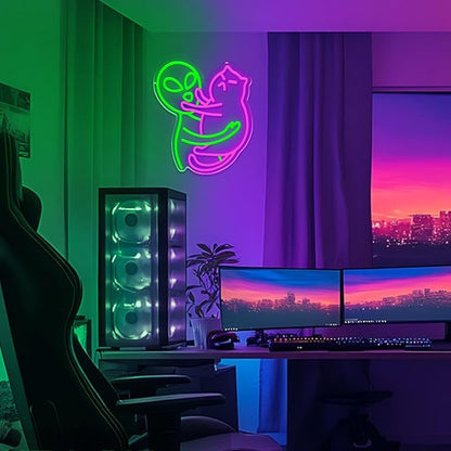Alien Cat Neon Sign,Neon Signs for Wall Decor,LED Cat Alien Sign,Dimmable Neon Lights for bedroom,Man Cave,USB Powered Neon Light Sign,Cute LED Signs for Wall Decor,Alien Decor,Game Room