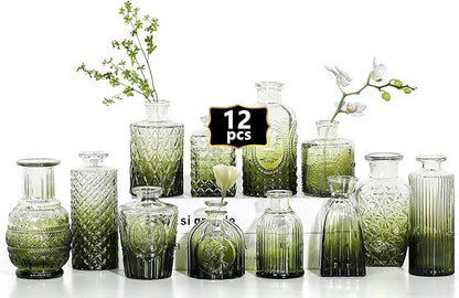 Mini Bud Vases As Wedding Centerpieces for Tables,Clear Bud Vases for Flowers,Small Flower Vases Suitable for Birthday Party,Anniversary,Wedding Reception,Baby Shower (Dark Green, 12PCS)