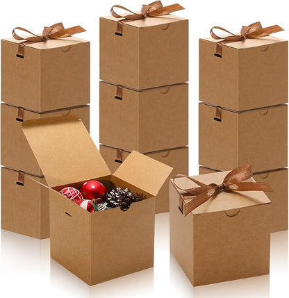DOYIDE 20 Pack Small Gift Boxes, 6x6x6 Inch Brown Elegant Paper Boxes with Ribbons, Christmas Gift Box Crafting, Wedding Party Favor, Cupcake, Candy, Bridesmaids Proposal Box