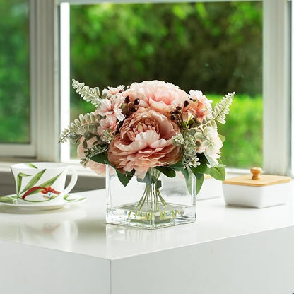 ENOVA FLORAL Artificial Flower Arrangement with Vase,Mixed Artificial Silk Peony Flower in Vase for Decoration Home Office, Wedding Centerpiece (Champagne)