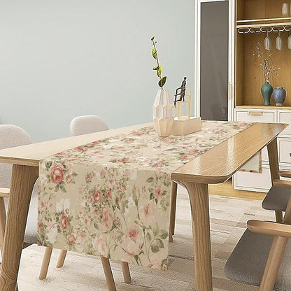 Lovely Rose Table Runner, Red and White Vintage Rose Delicate Floral Natural Pattern Long Table Restaurant Kitchen Holiday Party Decoration,13in（33cm） W * 60in（152cm） L