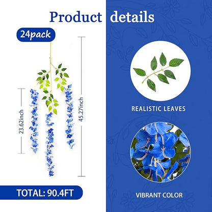 24 Pack Royal Blue Wisteria Hanging Flowers Garland, 3.77 Feet Artificial Flower Vines, Fake Wisteria, Artificial Vines Hanging Garland for Backdrop Outdoor Yard Garden Decor