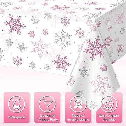 3 Pcs Christmas Snowflake Party Tablecloths Decorations,Plastic Pink Winter Onederland Rectangle Table Cover for Christmas New Year Girls 1st Birthday Baby Shower Holiday Party Decorations,54x108 inch