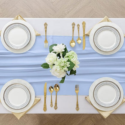 2 Pack 10 Ft Chiffon Table Runner Light Blue Gauze Long Table Runners 27x120 Inches Sheer Tulle Table Runner for Rustic Wedding Reception Bridal Shower Decorations Birthday Party
