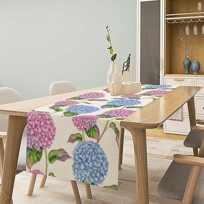 Spring Hydrangea Flower Table Runner, Seasonal Summer Plants Watercolor Pink Purple Florals Dinner Runner for Home Kitchen Dining Table Party Holiday Decoration 13"x70"