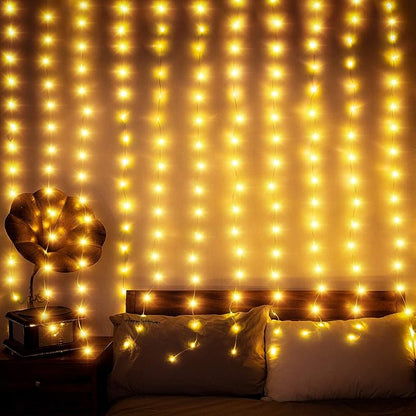 Curtain Window String Lights 6.5 x 5 Feet LED Copper Tapestry Backdrop Twinkle Fairy Lights Battery Operated 8 Modes Lights Remote Control USB Powered Light Above Bed for Wedding Party