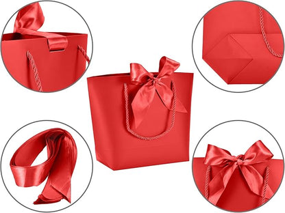 HUAPRINT Gift Bags with Handles,7.48×3.54×7.9 inches,Party Favor Bags with Bow Ribbon,12Pcs Red Paper Bags for Birthday Wedding Bridesmaid Holiday Valentine's Day