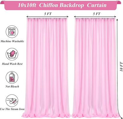 10x10ft Pink Chiffon Backdrop Curtain with Lights for Wedding Parties Baby Shower, Pink Sheer Backdrop Curtains for Girls Birthday Party Bridal Shower Photo Shoot Decor (5×10ft, 2 Panels)