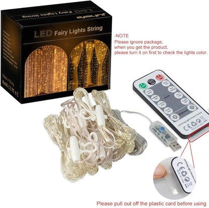 YEOLEH String Lights Curtain,USB Powered Fairy Lights for Party Bedroom Wall,8 Lighting Modes & IP64 Waterproof Ideal for Wedding Valentines Day Decor (Warm White)