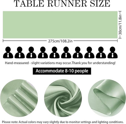 10 Pack Sage Green Satin Table Runner 12x108 Inches Long, Bright Silky Smooth Satin Table Runner Table Decor for Wedding Banquet Christmas Prom Event Birthday Party