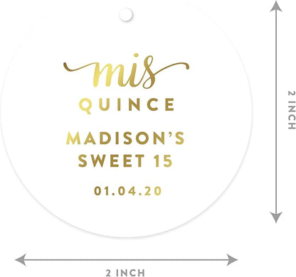 Andaz Press Personalized Round Circle Birthday Gift Tags, Metallic Gold Ink, Sweet 15 Birthday, Mis Quince Quinceanera, 24-Pack, Custom Made Name, Gold Party Supplies