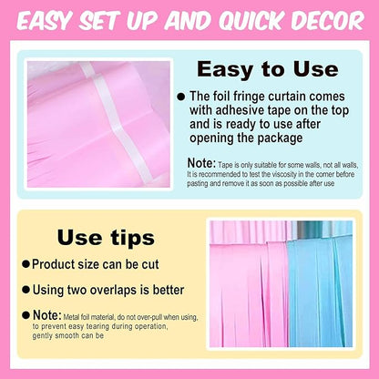 6 Pack Macaron Pink Blue Foil Fringe Curtains Backdrop, 3.28 x 8.2 Ft Metallic Streamers Tinsel Curtains Background for Photo Booth, Birthday, Weddings, Carnivals, Graduation, Themed Party Decorations