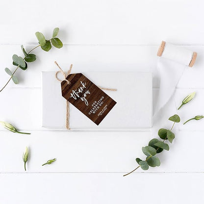 Andaz 100-Pack Personalized Thank You Tags - Custom Cardstock Wedding Favors with Bakers Twine & Rustic Wood Finish - 2 x 3.75-Inches