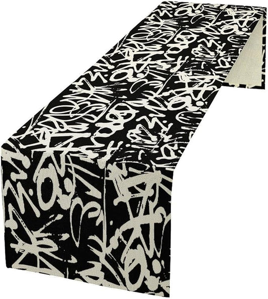 Graffiti Table Runner,Black White Abstract Messy Art Theme Pattern Print Tablecloth Burlap for Hotel Indoors Outdoor Dining Room Kitchen Home Decor,W13X L108 in