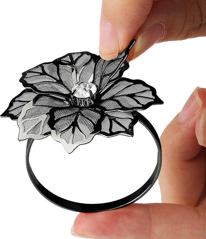 KPOSIYA Flower Napkin Rings Holder Metal Black Napkin Rings Set of 12 for Wedding Party Holiday Banquet Christmas Dinner Delicate Serviette Buckles Decor Favor (12, Black)