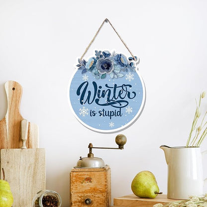 CGBHW Funny Navy Blue Winter Christmas Wooden Sign, Winter Snowflake Snowy Dusty Blue Flowers Decoration Hanging Sign Wall Decor, Christmas Seasonal Holidays Wooden Signs for Home Door Decor 12 x 12 Inch