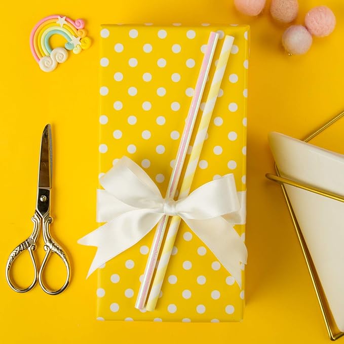 WRAPAHOLIC Reversible Wrapping Paper - Mini Roll - 17 Inch X 33 Feet - Yellow and Polka Dot Design for Birthday, Holiday, Wedding, Baby Shower