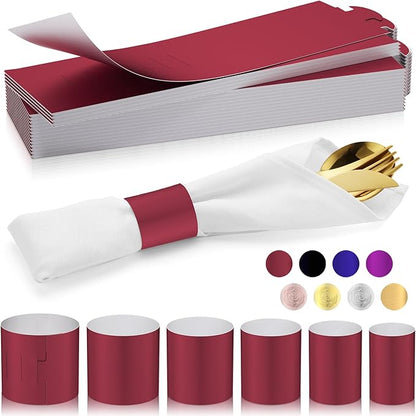 Polymer Material Reusable Napkin Band, Glue-Free Tear-Proof Water Resistant Oil-Proof Napkin Bands Set of 200(Front Burgundy Color and Back White), 6 Adjustable Sizes Napkin Rings