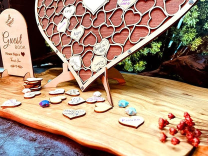 Wedding Guest Book Unique Wooden Heart Alternative GuestBook Bridal Shower Wedding Decoration with 83 Wooden Hearts 1 Sign Pen Set (Reddish Brown)