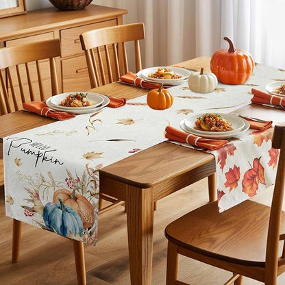 Fall Thanksgiving Cotton Linen Table Runner for Dining Kitchen, Orange Pumpkins Outdoor Party Autumn Tablerunners Decoration, Rustic Wheat Leaves Dresser Scarf Coffee Tablecloth Runners 13x72 Inches