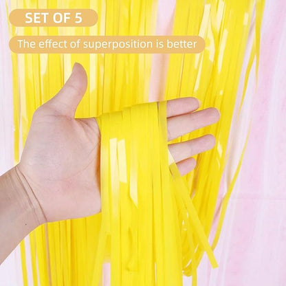 5 Pack Yellow Foil Curtain Backdrop 3.2ft x 8.2ft Tinsel Foil Fringe Curtains Macaron Photo Booth Streamer Backdrop for Party Decorations Birthday Baby Shower Bachelorette Holiday Decor (Yellow)