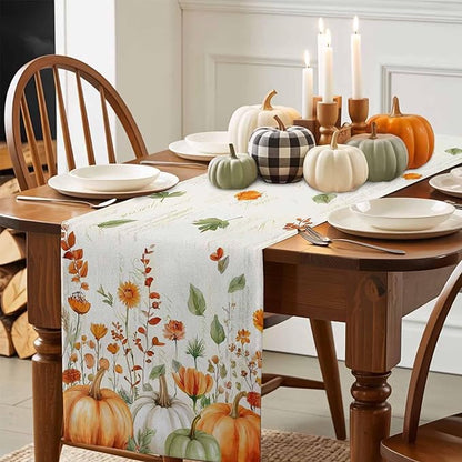 Fall Wildflowers Cotton Linen Table Runner for Dining Kitchen, Thanksgiving Pumpkin Outdoor Party Rustic Tablerunners Decoration, Botanical Floral Vintage Dresser Scarf Tablecloth Runners 13x60 Inches