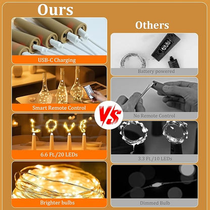 PChero USB Rechargeable Wine Bottle Lights with Cork & Remote Timer, 6 Pack 20 LED 6.6 ft Fairy String Lights for DIY Party Wedding Christmas Halloween Festival Bar Decoration