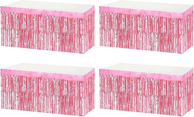 4 Pack Metallic Foil Fringe Tinsel Table Skirts,29x108 Inch Party Disposable Table Skirt Banner for Hotel Banquet Parade Floats Mardi Gras Holiday Birthday Wedding New Year Party Decoration(Pink)
