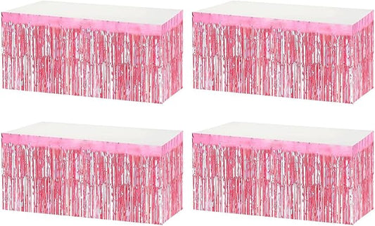 4 Pack Metallic Foil Fringe Tinsel Table Skirts,29x108 Inch Party Disposable Table Skirt Banner for Hotel Banquet Parade Floats Mardi Gras Holiday Birthday Wedding New Year Party Decoration(Pink)