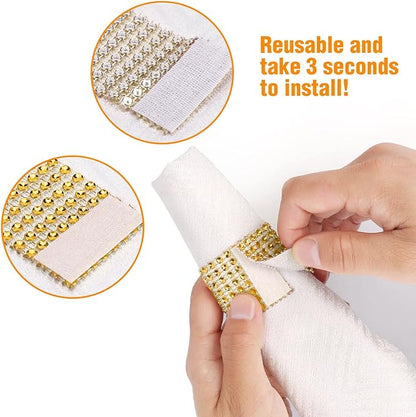 Bling Napkin Rings Set of 150, Rhinestone Gold Napkin Rings Diamond Adornment Napkin Holder Bulk for Wedding, Dinner, Party, Table Decorations, Gold