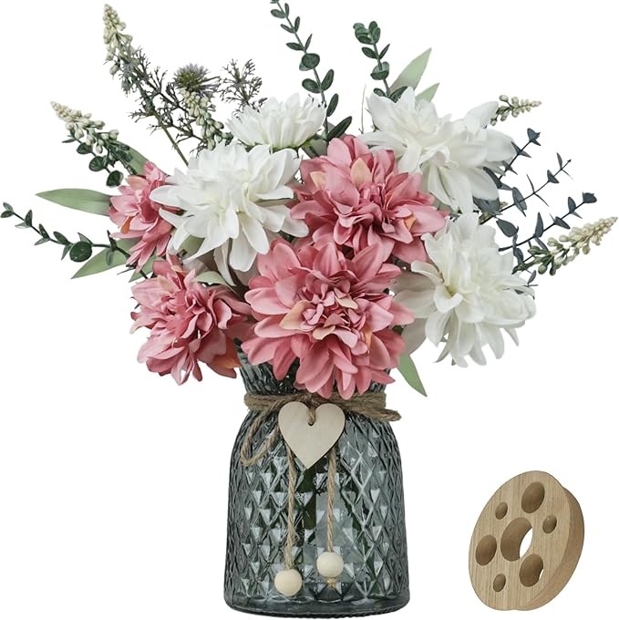 Fake Flowers in Vase,8 Dahlias,Silk Artificial Flowers in Vase,Faux Flowers in Vase with a Flower Arrangement Holder,Centerpiece Table Decorations