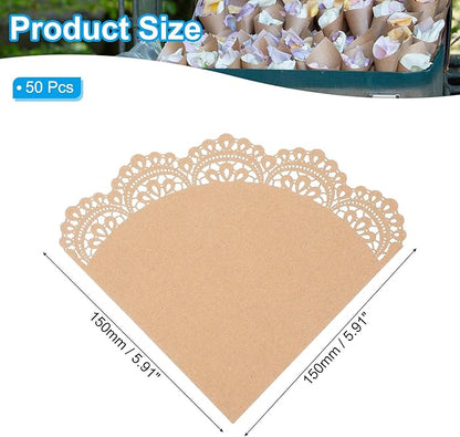 PATIKIL Wedding Confetti Cones, 50 Pcs Paper Tapers Hollow Print Lace Cone Bouquet for Party Candy Gift Boxes Chocolate Bags Buffet Bachelor Party Petals, Brown