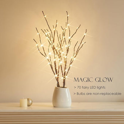 BAOLITVINE Lighted Willow Branches with Timer 70 Fairy Lights 18IN, Brown Twig Branch Lights for Indoor Outdoor Home Fireplace Christmas Decorations