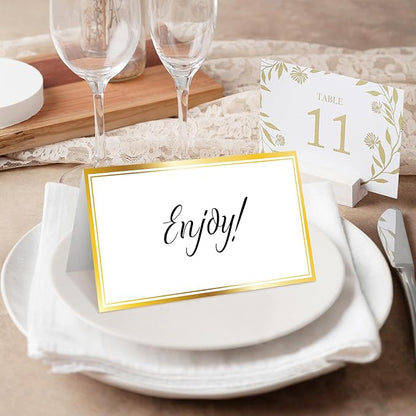 25 Premium Place Cards for Table Seating, Wedding Name Place Card with Gold Border, Tent Cards for Birthday Bridal Shower Baby Shower Reception Dinner Party Decorations -A19