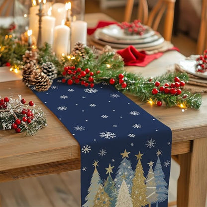 GEEORY Christmas Table Runner 13x120 Inch, Xmas Trees Snowflakes Holiday Decorative Farmhouse Table Decoration for Kitchen Dinning, Indoor Outdoor Dinner Party Decor (Blue) GT151-120N
