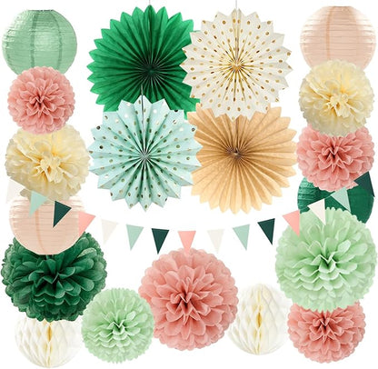 Sage-Green Pink Party-Decorations Paper-Flowers Lanterns - 20PCS Boho Rustic Tissue Pom Poms Streamers Fans Honeycomb, Birthday Baby Shower Neutral Garden Wedding Hanging Supplies Decor Burgleda
