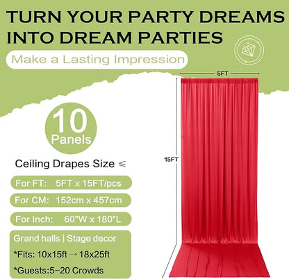 PartyVillage 50ft×15ft Red Backdrop Curtain for Wedding Parties, 10 Panels Wrinkle Free 15 FT Long Polyester Photo Backdrop Drapes Back Drop Cloth for Birthday Photography Background