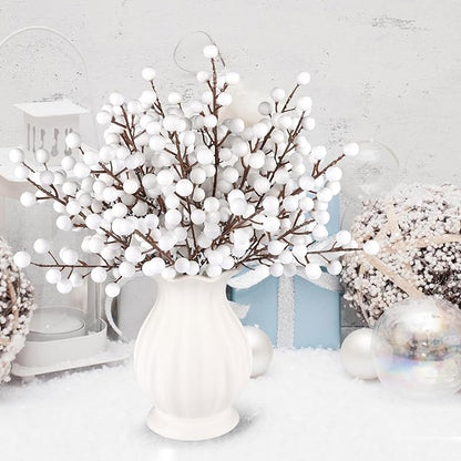 40 Pcs Artificial Berry Stems Branches, Christmas White Faux Holly Berries Picks Ornaments for Christmas Tree Wreath DIY Craft Decorations Holiday Home Decor (40, White)
