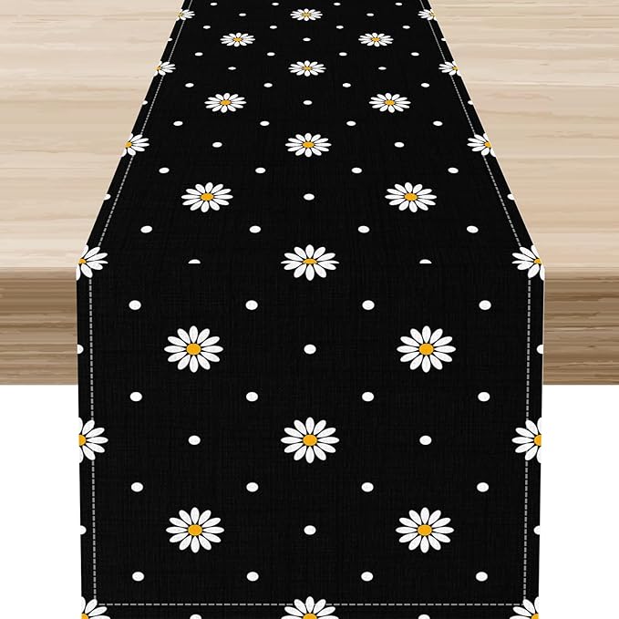Daisy Floral Table Runner, Farmhouse Abstract Spring Seasonal Summer Blue White Flower Rustic Table Center Decor for Home Kitchen Dining Patio Holiday Party Indoor Table Decorations, 13"x72" Inch