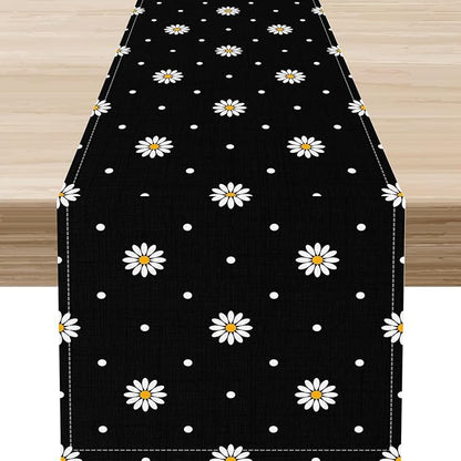 Daisy Floral Table Runner, Spring Seasonal Summer Wild Flower Rustic Country Farmhouse Table Center Decor for Home Kitchen Dining Patio Holiday Party Indoor Outdoor Table Decorations, 13"x36" Inch