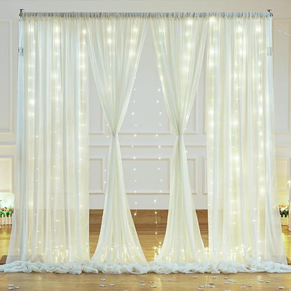 10ft x 10ft Ivory Backdrop Curtain with Lights for Baby Shower, Sheer Backdrop Curtains with Lights for Wedding, Chiffon Light Curtain Backdrops for Birthday Parties Photo Shoot (5x10ft,2 Panels)