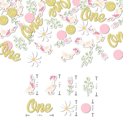 220PCS One Silly Goose Birthday Decor for Girl, Goose Dot Leaves Flower 1st Birthday Confetti for Pink and Gold First Bday Decorations.