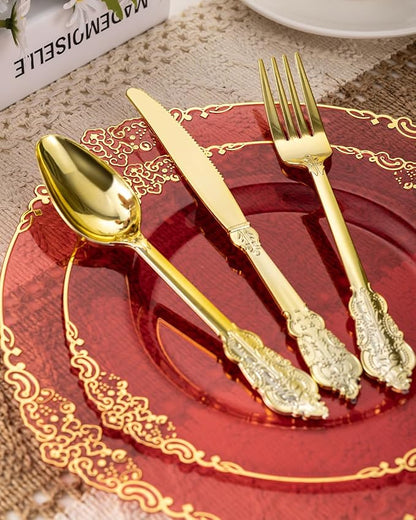 Goodluck 350 Piece Red Dinnerware Set for 50 Guests, Fancy Disposable Plates, Include: 100 Red Rim Plastic Plates, 150 Silverwares, 50 Pre Rolled Napkins, 50 Cups for Party, Wedding