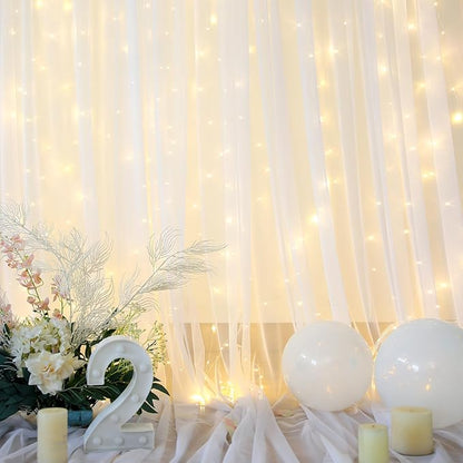 Sheer Backdrop Curtain with Lights String for Parites 20×10ft White Tulle Backdrop Curtain for Wedding Baby Shower Birthday Party Photo Shoot Decorations(4 Panels 5ft×10ft)