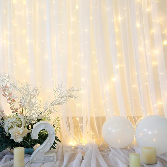 White Backdrop Curtains with Lights String for Wedding Parties 10×10ft Sheer Tulle Backdrop Curtain for Bridal Shower Baby Shower Birthday Party Photo Shoot Background Decorations(2 Panels 10ft×10ft)