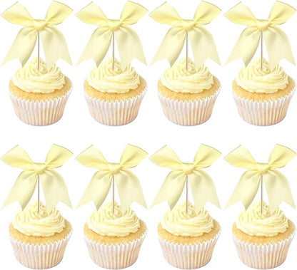 24 PCS Bow Cupcake Toppers Bow Cupcake Picks Bowknot Birthday Party Decorations Bowknot Cake Dessert Picks for Baby Shower Birthday Wedding Bridal Engagement Party Cake Decorations Supplies Yellow