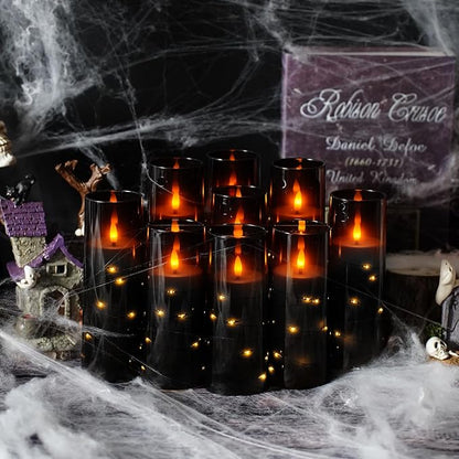 Flameless LED Candles with Timer 9 Pc Flickering Flameless Candles for Romantic Ambiance and Home Decoration Stable Acrylic Shell,with Embedded Star String,Battery Operated Candles（Black）