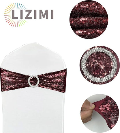 10 Pcs Sequin Chair Sashes Stretch Chair Bands Spandex Polyester Bows for Party Hotel Wedding Banquets Decoration - Burgundy