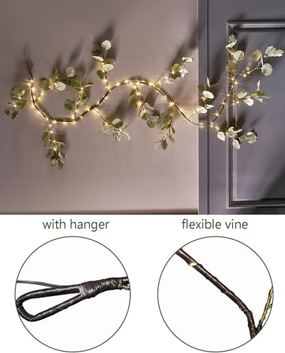 Fudios Lighted Twig Eucalyptus Garland 6FT 96 Warm White LED Battery Operated with Timer for Mantle Fireplace Wedding Party Spring Bedroom Decoration Indoor Outdoor Use