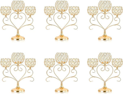 6 Pcs Gold 3-Arm Heart Tea Light Candle Holder - Crystal & Metal Wedding Centerpiece Decor, Sparkling Table Decor for Anniversaries/Romantic Tabletop Home/Dinner Party/Events